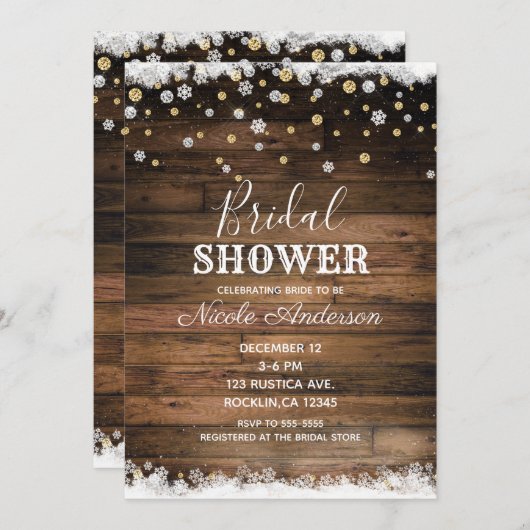バーンウッド素朴金ゴールドシルバーウィンターブライダルシャワー 招待状 (正面/裏面)