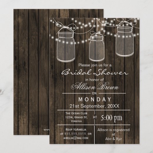 バーンウッド・メイスン・ジャー・ラステックブライダルシャワー 招待状 (正面/裏面)