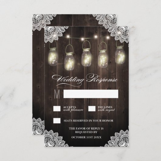 バーンウッド&レースメイスンジャールウェディングRSVPカード 出欠カード (正面/裏面)