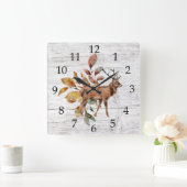 バーンウ素朴ッドディア〔雄ジカの〕枝角秋 スクエア壁時計 (ホーム)