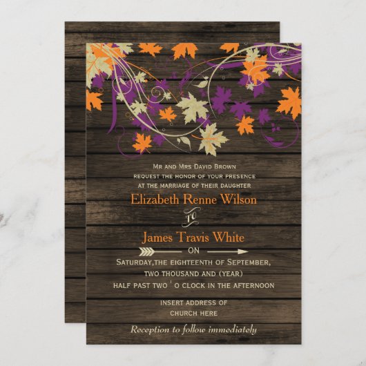 バーンウ素朴ッド秋プ葉ム結婚ズ 招待状 (正面/裏面)