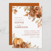 バーンオレンジカボンプキンオータムフローラ秋の結婚式 招待状 (正面/裏面)