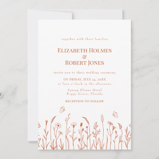 バーンオレンジワイルドフラワーメドウ結婚式招待状 招待状 (正面)