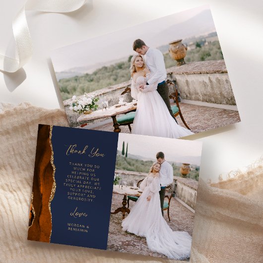 バーンオレンジ アゲート ネイビー ゴールド 手書き風スクリプト 結婚式 サンキューカード