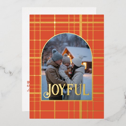 バーンオレンジ＆ゴールドギンガムのクリスマスホリデー 箔シーズンカード (正面/裏面)