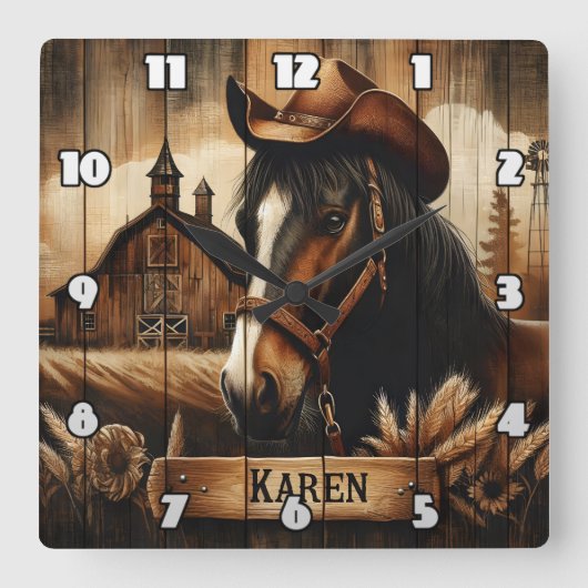 バーンサンセットの横にカウボーイハット付き西馬 スクエア壁時計 (正面)