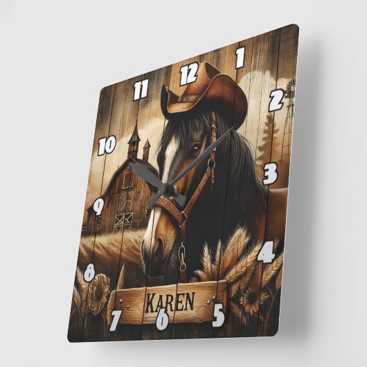 バーンサンセットの横にカウボーイハット付き西馬 スクエア壁時計 (傾斜)