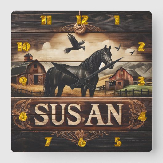 バーンズと鳥の近くの黒飛んでいる馬 スクエア壁時計 (正面)