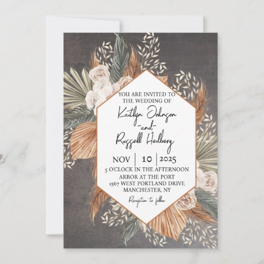 バーントオレンジとセージ緑秋の結婚式 招待状 (正面)