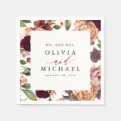 バーントオレンジとバーガンディレッドのルースチックフラワー スタンダードカクテルナプキン (正面)