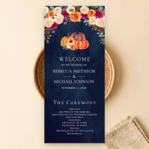 バーントオレンジの花とカボチャのネイビーブルーの結婚式プログラム