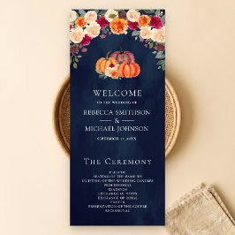 バーントオレンジの花とカボチャのネイビーブルーの結婚式プログラム