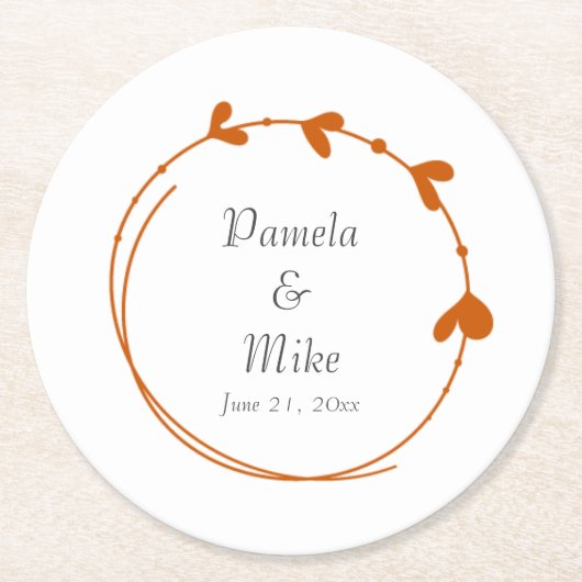 バーントオレンジシンプルハートリース結婚ズ ペーパーコースター (正面)