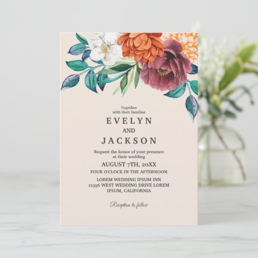 バーントオレンジテラコッタフローラ秋の結婚式 招待状 (スタンド正面)