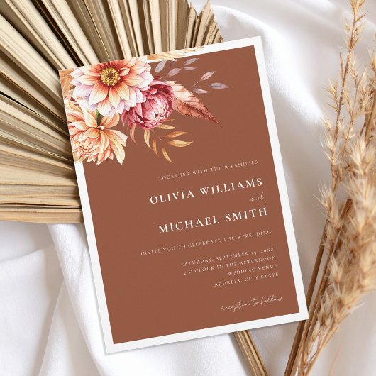 バーントオレンジテラコッタボホシックフローラ結婚ズ 招待状