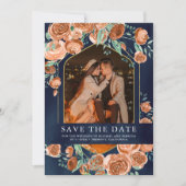 バーントオレンジバラテラコッタフローラネイビー結婚ズ セーブザデート (正面)