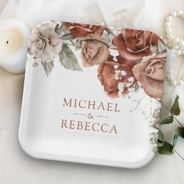 バーントオレンジバラテラコッタ結婚フローラ ペーパープレート