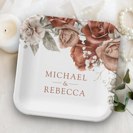 バーントオレンジバラテラコッタ結婚フローラ ペーパープレート