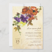 バーントオレンジパープル秋フローラ結婚クリスチャン 招待状 (正面)