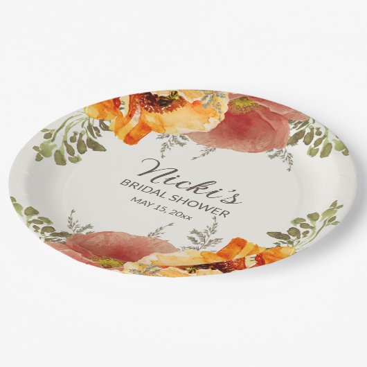 バーントオレンジフローラ秋秋ブライダルシャワー ペーパープレート (アングル)