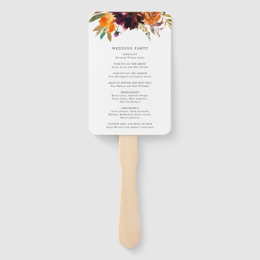 バーントオレンジブルゴーニュフローラ秋の結婚式プログラム ハンドファン (裏面)