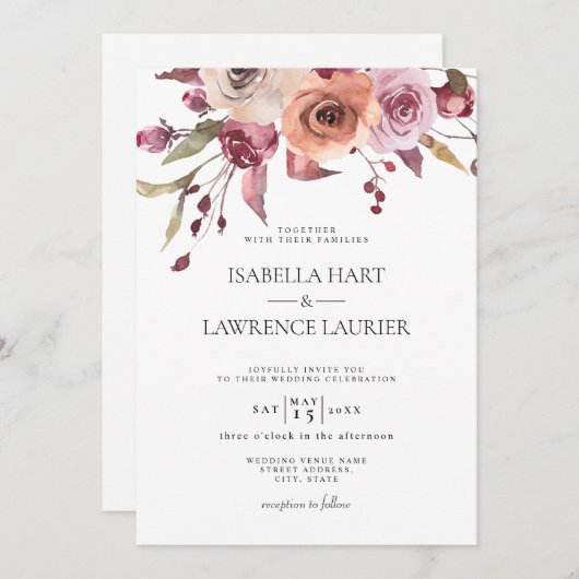 バーントオレンジブルゴーニュフローラ秋エレガントウェディング 招待状 (正面/裏面)