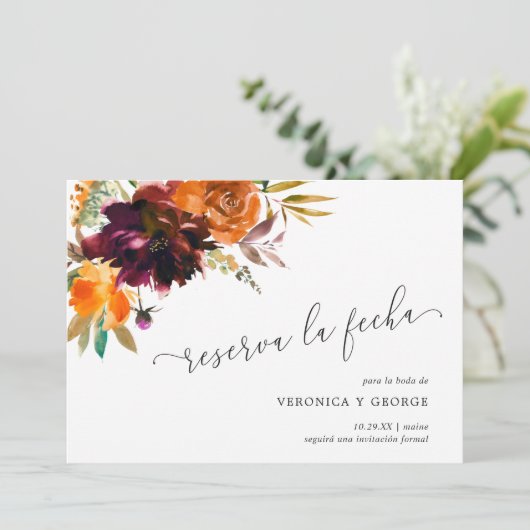 バーントオレンジブルゴーニュ秋結婚フローラスペインの セーブザデート (スタンド正面)