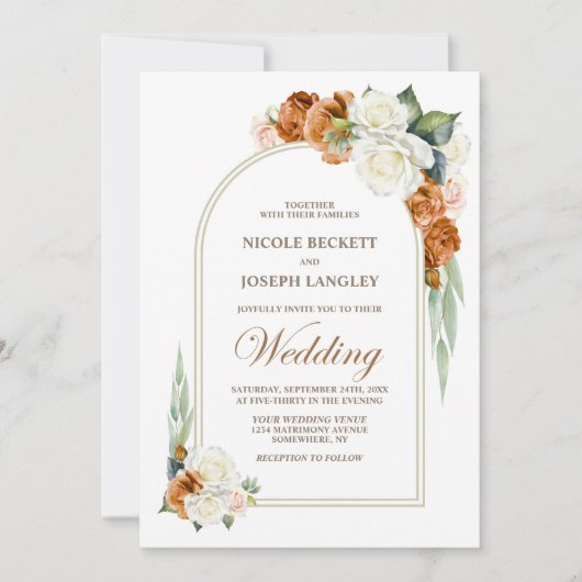 バーントオレンジホワイトローズフローラアー結婚チ 招待状 (正面)