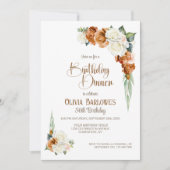 バーントオレンジホワイトローズフローラ誕生日ディナー 招待状 (正面)