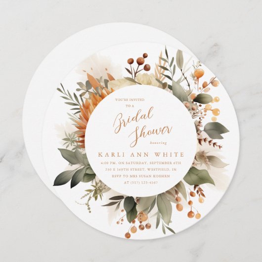 バーントオレンジボタニカルオータムフローラブライダルシャワー 招待状 (正面/裏面)