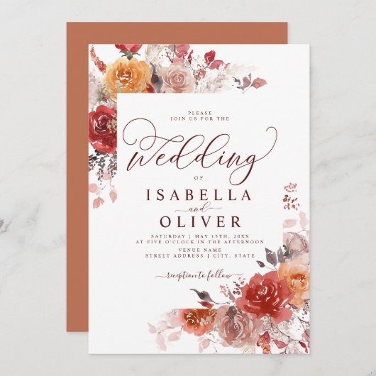 バーントオレンジボホテラコッタブルゴーニュ結婚ーズインビ 招待状 (正面/裏面)