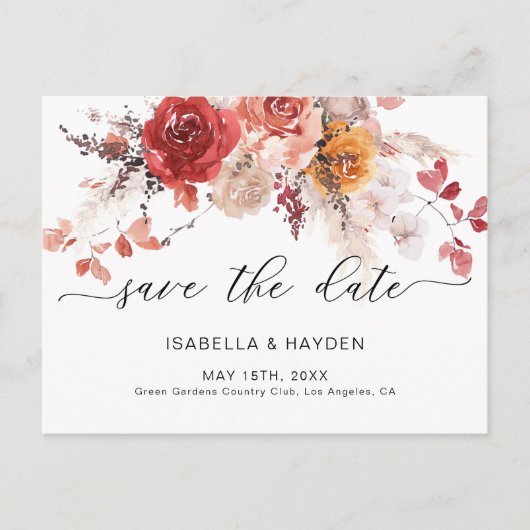 バーントオレンジボホパンパステラコッタ日付を保存 案内ポストカード (正面)