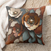 バーントオレンジラストティール(緑がかった色)フローラプリント クッション (ブランケット)