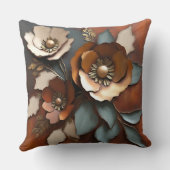 バーントオレンジラストティール(緑がかった色)フローラプリント クッション (裏面)