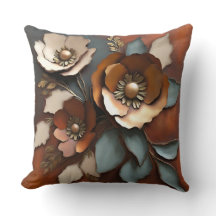 バーントオレンジラストティール（緑がかった色）フローラプリント