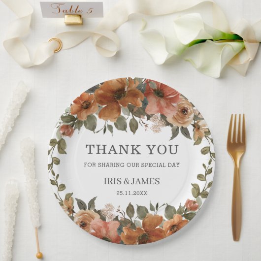 バーントオレンジラストフローラウェディングシャワー誕生日 ペーパープレート (ウェディング)