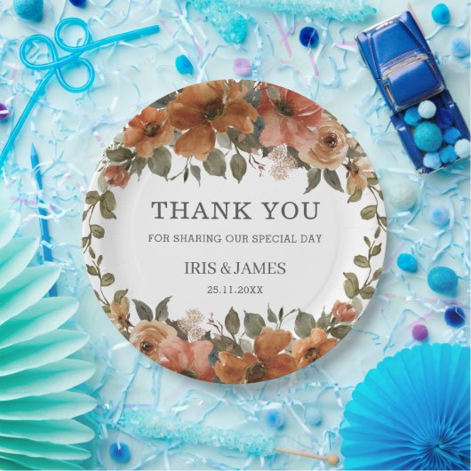 バーントオレンジラストフローラウェディングシャワー誕生日 ペーパープレート (パーティー)