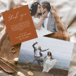 バーントオレンジ結婚のサンキューカードフライヤー チラシ<br><div class="desc">フロント結婚とバックに写真がある予算のサンキューカード。サンキューカードにはモダン、結婚式の日のお祝いの後に使用するエレガント、シンプルタイポグラフィとモダン使用する手書き文字文字が含まれている。</div>