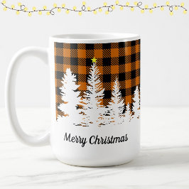 バーントオレンジ バッファロープリントの森 メリークリスマス コーヒーマグカップ