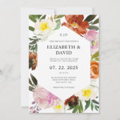 バーントオレンジ、赤面ピンク、ホワイトフローラ結婚ズ 招待状 (正面)