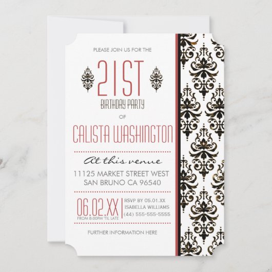 バーントヴィンテージダマスク21歳誕生日パーティー 招待状 (正面)