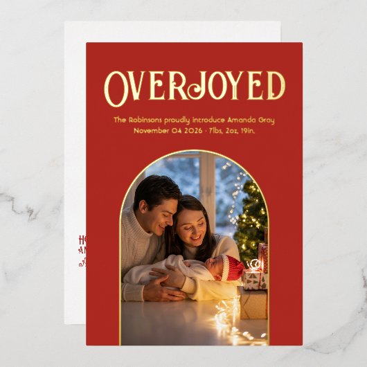 バーント オレンジのクリスマス ベイビー 誕生発表写真 箔シーズンカード (正面/裏面)