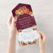 バーント オレンジ フローラル パンプキン ワインレッド ウェディング オールインワン招待状 (貼ってはがせる)