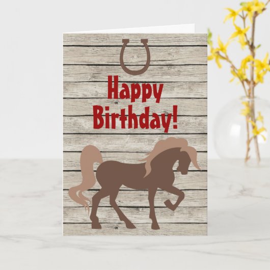 バーンドウッドに茶色の馬と馬の靴誕生日 カード (黄色い花)