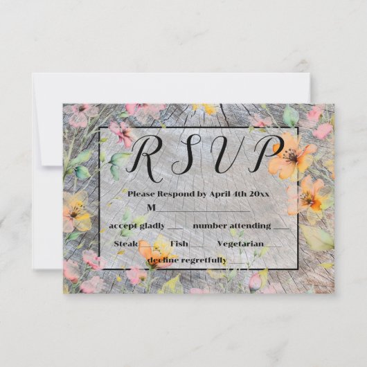 バーンドウッドの植物性ピンクのオレンジ色の野花 出欠カード (正面)