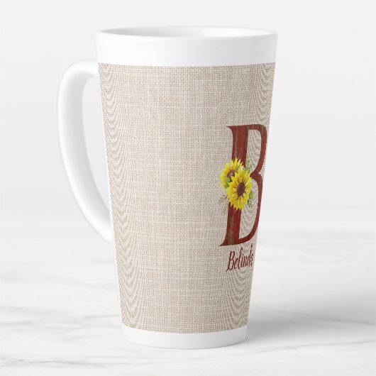 バーンドウッドレターB&ひまわりパーソナライズされた カフェラテマグ (左アングル)