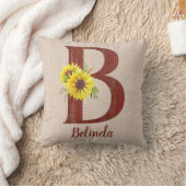 バーンドウッドレターB&ひまわりパーソナライズされた クッション (ブランケット)