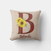 バーンドウッドレターB&ひまわりパーソナライズされた クッション (正面)