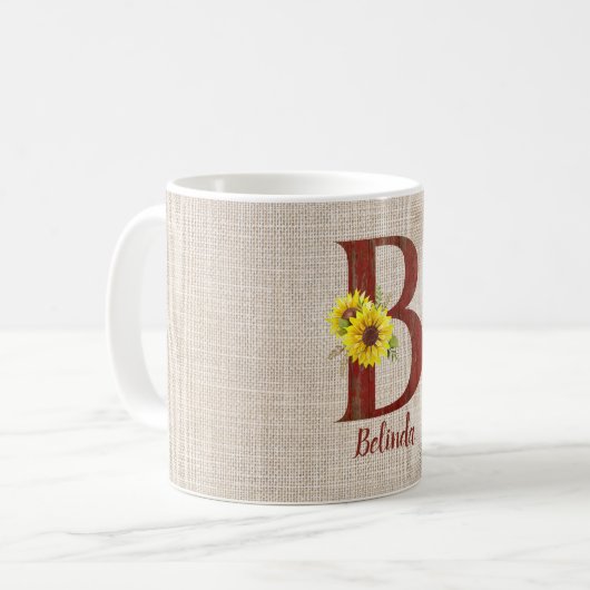 バーンドウッドレターB&ひまわりパーソナライズされた コーヒーマグカップ (正面左)