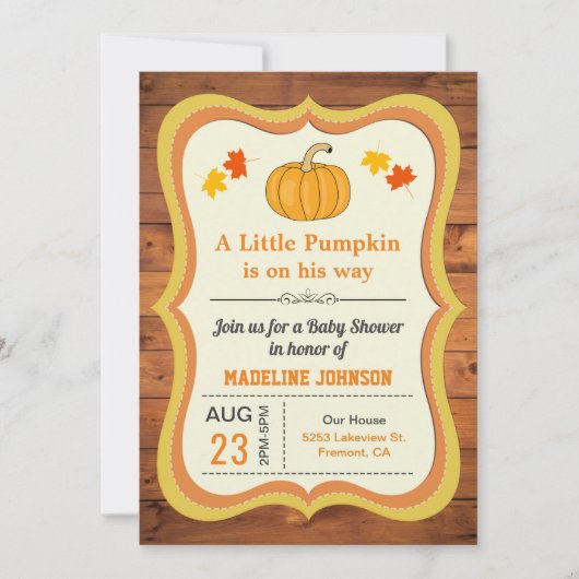 バーンドウッド素朴かわいい小さなカボチャ赤ちゃんシャワー 招待状 (正面)